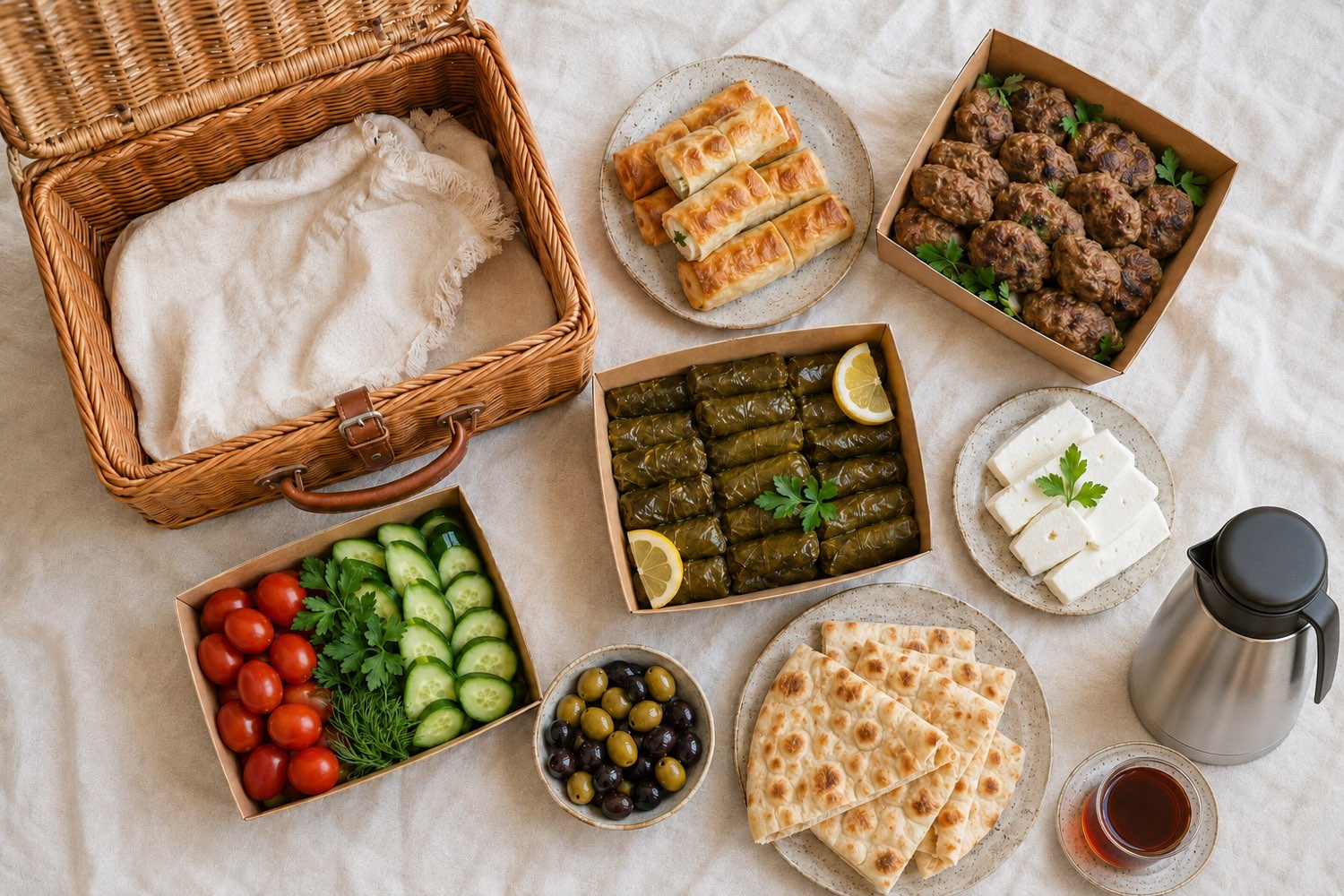 A Turkish picnic hamper with sarma, köfte, börek, cheese, olives, flatbread and tea